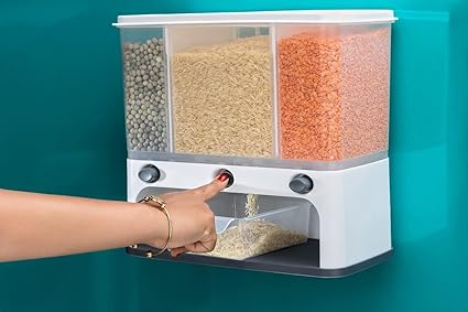Easy Flow Cereal Dispenser For Kitchen 3 In 1 Push Button Wall Mount Container